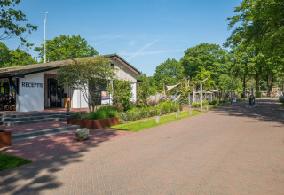 Ingang en receptie van vakantiepark Bospark Ede te midden van bomen in Gelderland, Nederland.
