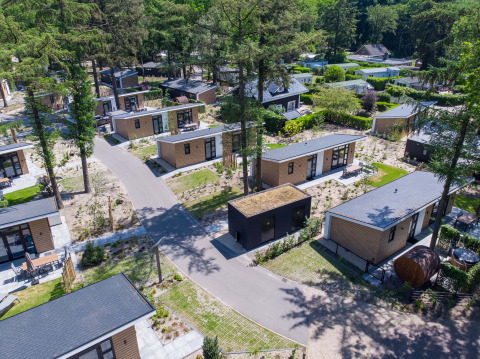 Vista aérea de cabañas vacacionales en Bospark Ede, rodeadas de naturaleza en Gelderland, Países Bajos.