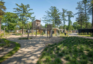 Aire de jeux entourée d’arbres et de chalets de vacances à Bospark Ede, parc de vacances aux Pays-Bas.