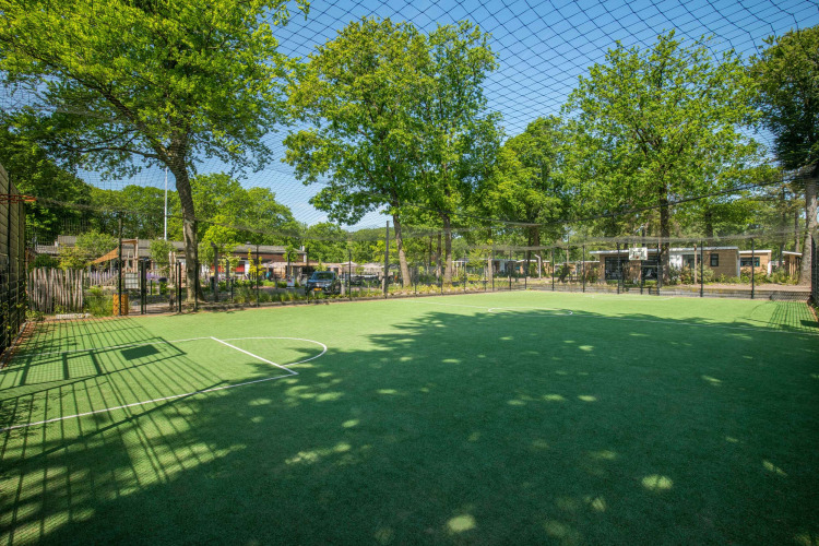Voetbalveld met netoverkapping, omringd door bomen bij Bospark Ede vakantiepark in Gelderland, Nederland.