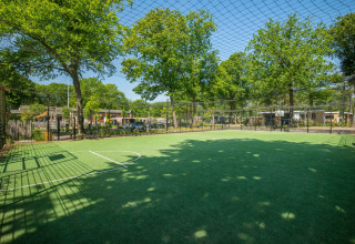 Fodboldbane omgivet af træer med netoverdækning i Bospark Ede feriepark i Gelderland, Holland.