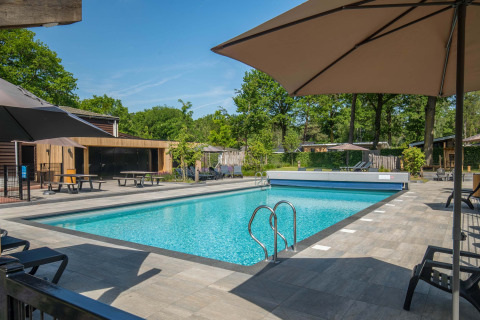 Piscine extérieure au parc de vacances Bospark Ede à Gelderland, Pays-Bas, entourée de terrasse et d’arbres.