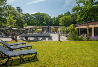 Buiten relaxruimte met ligstoelen en parasols bij Bospark Ede, vakantiepark in Gelderland, Nederland.