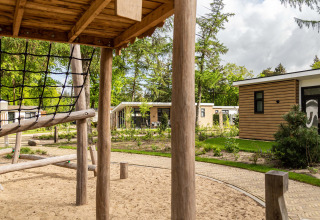 Aire de jeux avec structure d'escalade et chalets modernes à Bospark Ede, parc de vacances à Gelderland.