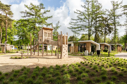 Aire de jeux en bois avec hébergements de vacances modernes à Bospark Ede, entourée de pins à Gelderland, Pays-Bas.