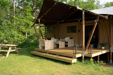 Safaritent met houten terras en zithoek bij Holiday Park Mölke in Nederland, tussen het groen.