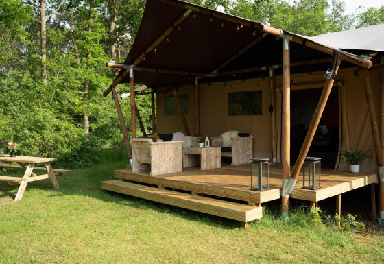 Tienda safari con terraza de madera y zona de estar en Holiday Park Mölke, Países Bajos, rodeada de vegetación.
