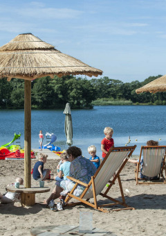 Camping Sevink Molen en Gelderland, Países Bajos, personas descansando en la playa junto a un lago soleado.
