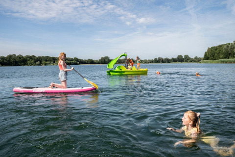 Bambini si divertono con sup, pedalò e nuoto nel lago di Camping Sevink Molen, in Gelderland, Paesi Bassi.