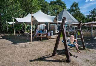 Kinderen spelen op een schommel terwijl families picknicken onder tentzeilen bij Camping Sevink Molen, Gelderland.