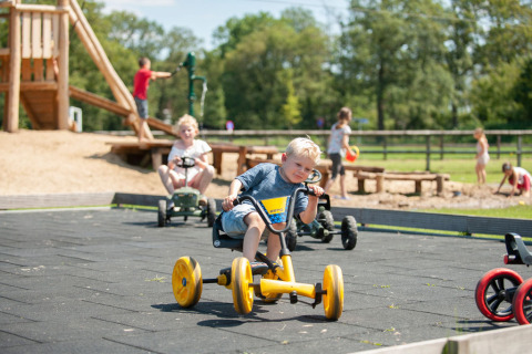 Niños montando karts a pedales y jugando en el área infantil de Camping Sevink Molen en Gelderland, Países Bajos.
