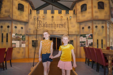 Dos niños sonrientes posan ante un castillo de juegos en Camping Sevink Molen, parque vacacional en Gelderland.