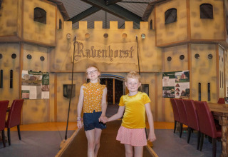 Due bambini sorridenti davanti a un castello da gioco al coperto al Camping Sevink Molen, Gelderland, Paesi Bassi.