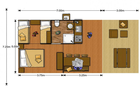 Floor plan of a safari tent at Lac du Causse, France, showing bedrooms, kitchen, bathroom, and terrace layout.