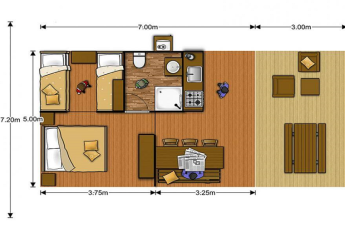 Plan d’une tente safari au Lac du Causse en France avec chambres, cuisine, salle de bain et terrasse aménagée.