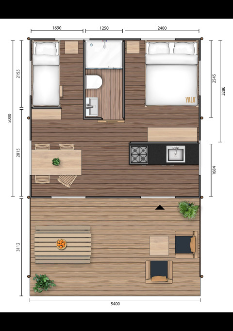 Plano de la tienda safari en Lac du Causse, Francia, con dormitorios, cocina, baño y terraza.