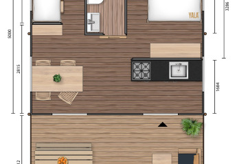 Plan du lodge safari au Lac du Causse, France, montrant chambres, cuisine, salle de bain et terrasse.