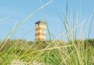 Beach house in Dishoek, Zeeland, Netherlands, seen through grass with a clear blue sky above.