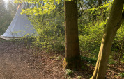 Teepee-teltet Tipi tent ved Buytenplaets Suydersee i Holland, omgivet af grønne træer og solskin.