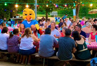 Folk nyder et farverigt udendørs festmåltid under lyskæder på Camping Paradis Aubeterre, Frankrig.