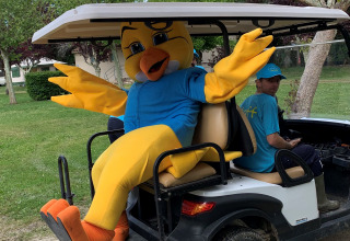Maskot forklædt som gul fugl i blå trøje sidder i en golfvogn ved Camping Paradis Aubeterre i Frankrig.