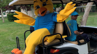 Mascota disfrazada de pájaro amarillo en camiseta azul en carrito de golf en Camping Paradis Aubeterre, Francia.