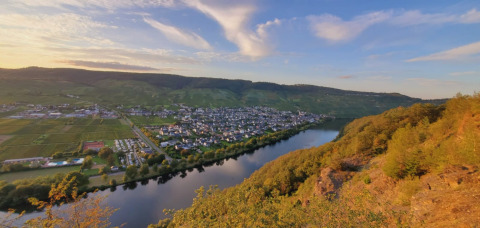 Blick auf den Fluss, die Stadt Kröv und die umliegenden Weinberge in Rheinland-Pfalz bei Sonnenuntergang.