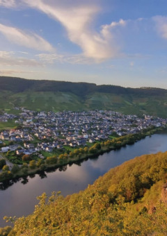 Vista del río y el pueblo de Kröv, rodeado de colinas y viñedos en Renania-Palatinado, Alemania, al atardecer.