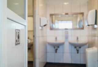 Ingresso di un bagno femminile con due lavandini, specchio e dispenser presso Paradies Camp, Renania-Palatinato.