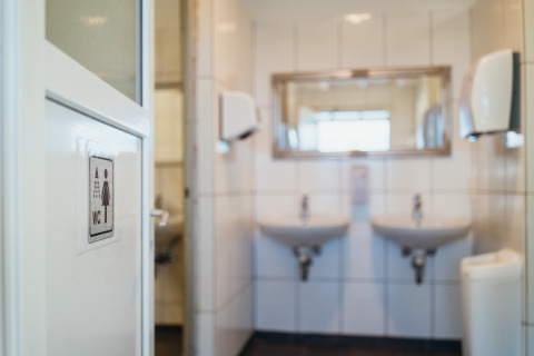 Entrée de toilettes pour femmes avec deux lavabos, miroir et distributeurs au Paradies Camp, Rhénanie-Palatinat.