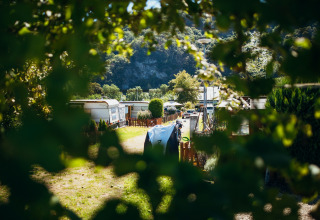 Caravan e paesaggio verde al Paradies Camp nella Renania-Palatinato, Germania, visti attraverso le foglie.