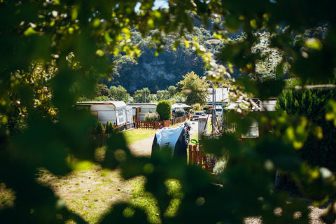 Wohnwagen und Natur im Paradies Camp, Rheinland-Pfalz, Deutschland, durch das grüne Laub fotografiert.