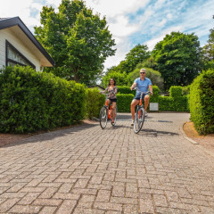Dos personas pasean en bicicleta por un camino pavimentado entre cabañas y arbustos en un glamping.