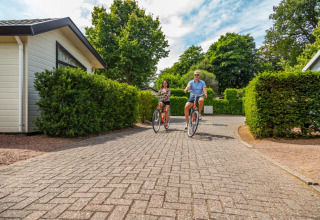 To personer cykler på en sti omgivet af hytter og grønne hække i en feriepark med glamping.