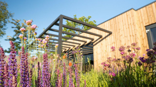 Udvendigt billede af Holiday villa Amalia + sauna ved Hofparken Wiltershaar, omgivet af lilla blomster.