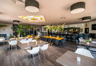 Ristorante moderno in un parco vacanze con tavoli in legno, piante e bar centrale per il glamping.