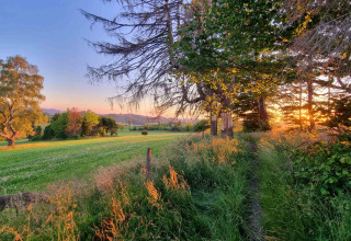 Solnedgang over grønne marker og træer ved Camping & Ferienpark Brilon i Nordrhein-Westfalen, Tyskland.