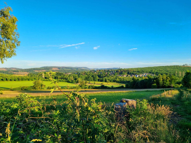Paysage du Camping & Ferienpark Brilon avec prairies, bois et village au loin sous un ciel bleu éclatant.
