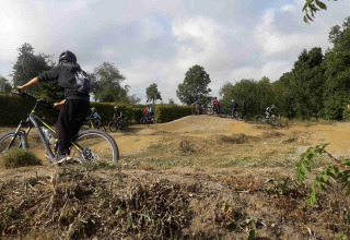 Fietsers mountainbiken op een heuvelachtig parcours bij Camping & Ferienpark Brilon, Noordrijn-Westfalen.