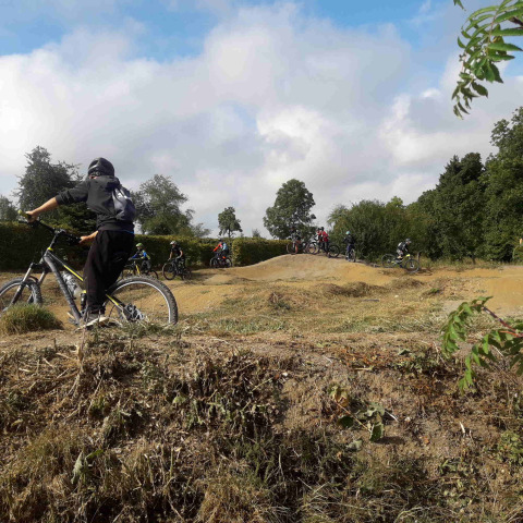 Fietsers mountainbiken op een heuvelachtig parcours bij Camping & Ferienpark Brilon, Noordrijn-Westfalen.