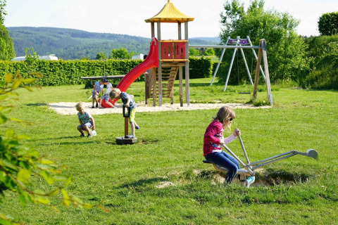 Kinderen spelen op een speelplein met glijbaan en schommels bij Camping & Ferienpark Brilon, Noordrijn-Westfalen.