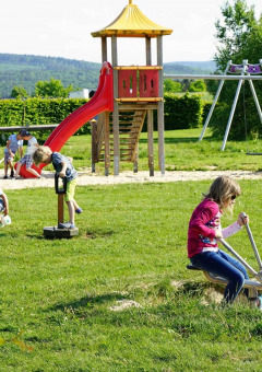 Niños jugando en un parque infantil con tobogán y columpios en Camping & Ferienpark Brilon, Renania del Norte-Westfalia.