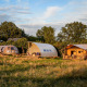 Luksus glamping telte på Holiday Park Mölke i Holland omgivet af natur og træer i solnedgangen.