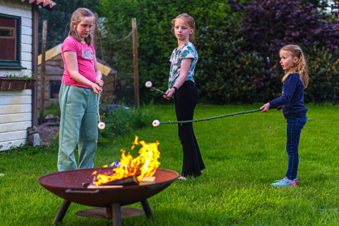 Kinder rösten Marshmallows über einem Lagerfeuer bei Mini Camping Drentse Monden in Drenthe, Niederlande.