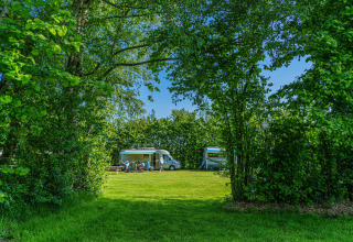 Camping verdoyant avec caravanes et campeurs, entouré d’arbres au Mini Camping Drentse Monden, Drenthe.