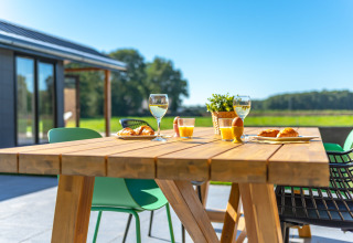 Tavolo di legno all'aperto con croissant, succo e vino al parco vacanze Drentse Weelde, Drenthe, Paesi Bassi.