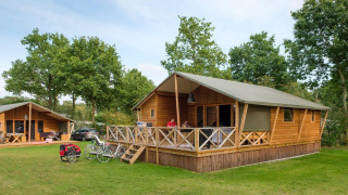 Dos acogedoras cabañas de madera en Rheezerlodge DeLuxe high, Kampeerdorp de Zandstuve, Países Bajos, rodeadas de árboles.
