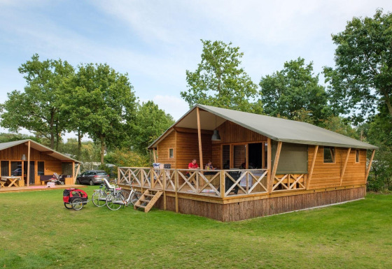 Twee houten lodges bij Rheezerlodge DeLuxe high op Kampeerdorp de Zandstuve in Nederland, omgeven door groen.