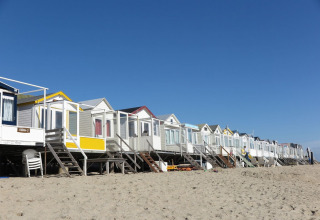 Kleurrijke strandcabines op het zand bij vakantiepark Welcome.in in Dishoek, Zeeland, Nederland onder blauwe lucht.