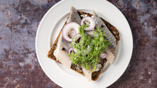 Pan de centeno con arenque, cebolla y hierbas frescas en un plato blanco, servido en Zeeland, Países Bajos.